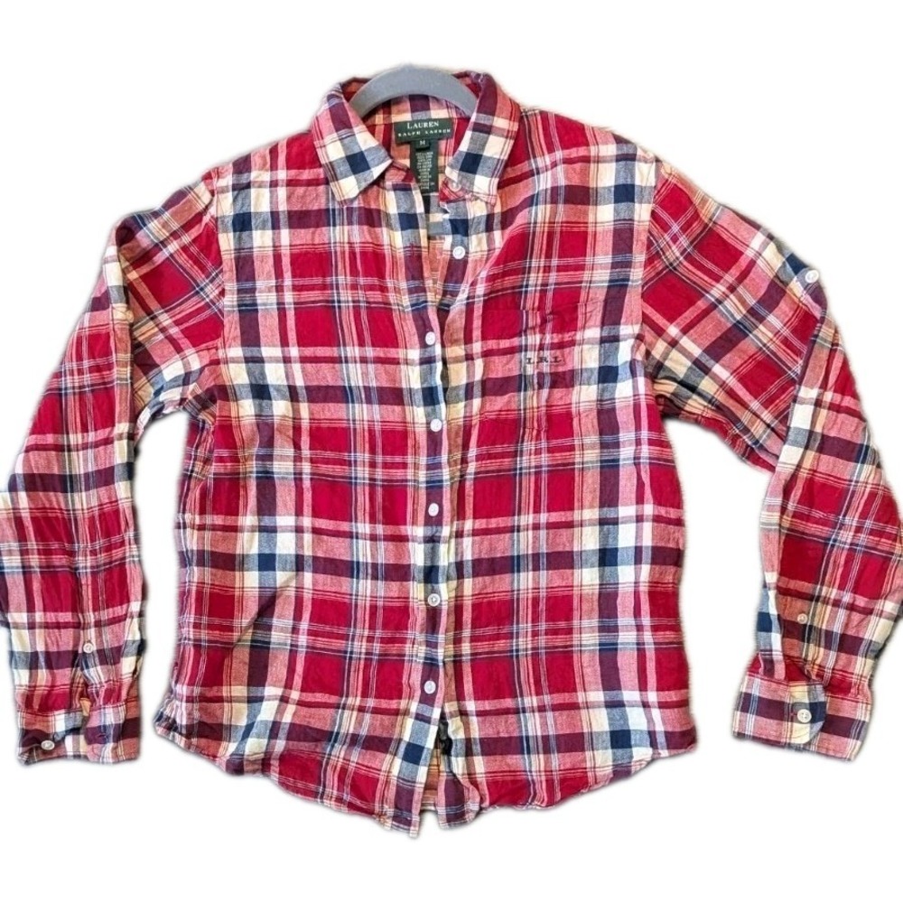 Lauren Ralph Lauren Womens M Red Plaid Linen Long Roll Tab Sleeve Patriotic